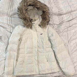 Hollister Winter White Y2K Puffer Jacket Removable Faux Fur Hood Size L